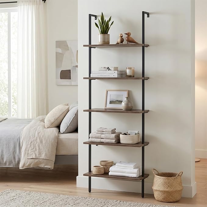 Wolawu 5 Tiers Ladder Shelf 2-Piece Black Modern Tall Bookshelf Open Large Tall Wall Mount Storage Bookcase Standing Leaning Wall Shelves Industrial Decorative (Brown)