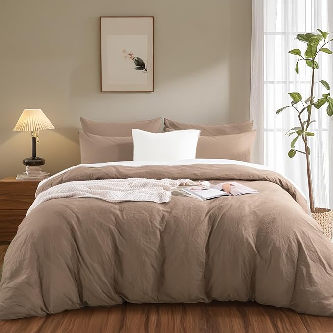 NEXHOME PRO 100% Washed Cotton Duvet Cover Full Size, Ogranic Natural Linen Feel Breathable Bedding Set with Zipper Closure, 3 Pieces Duvet Cover Set Toffee (No Comfortert) 8090