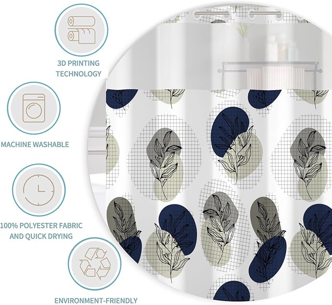 No Hook Shower Curtain with Snap in Liner Boho Shower Curtain for Bathroom Waterproof Fabric Creative Gray and Blue Plant Botanical Bath Decor Machine Washable 71x74 Inch