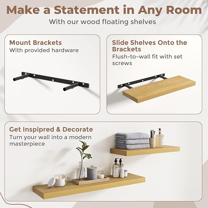 36 Inch Floating Shelves for Wall Set of 2, 8"D Wood Grain Bathroom Shelves with Invisible Brackets, Easy Install Engineered Wood Storage Shelves for Kitchen, Living Room, Bedroom, Oak Finish