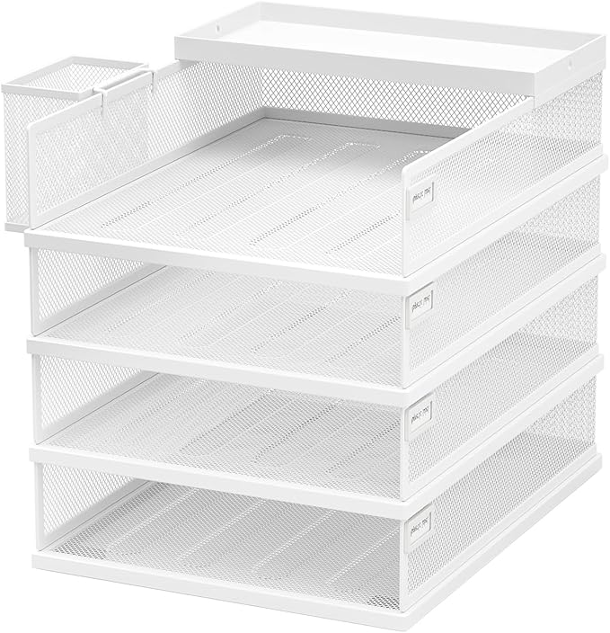 Stackable Letter Trays, 4 Tier Metal Paper Tray & Desk Organizer, Stackable File Trays for Office & Home, Multi-Functional Document Tray with Fine Grid Design & Magnetic Labels,White