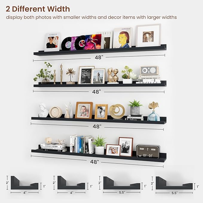 Axeman Picture Ledge Shelf | 48 Inch Black Floating Shelves Set of 4 | Rustic Wood Wall Shelves with Lip | 48" Black Picture Shelves for Wall with Ledge | Photo Shelves