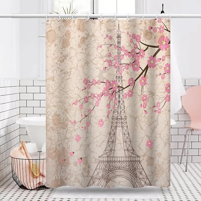 Paris Eiffel Tower Shower Curtain Pink Cherry Blossom Vintage Romantic France Scenery Shower Curtains Bathroom Accessories Waterproof Polyester Fabric with Hooks, 60 x 72 Inch