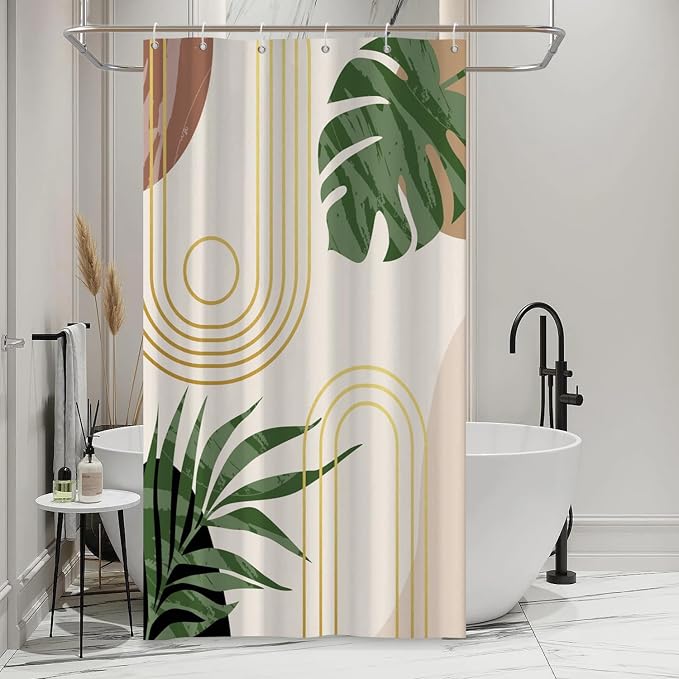 Boho Sage Green Shower Curtain Bohemian Mid Century Geometric Abstract Curve Bathroom Curtain Palm Leaf Polyester Shower Curtain Sets for Bathroom Extra Long 54x72 in with 10 Hooks