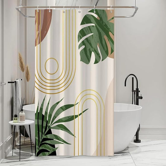 Boho Sage Green Shower Curtain Bohemian Mid Century Geometric Abstract Curve Bathroom Curtain Palm Leaf Polyester Shower Curtain Sets for Bathroom Extra Long 54x72 in with 10 Hooks
