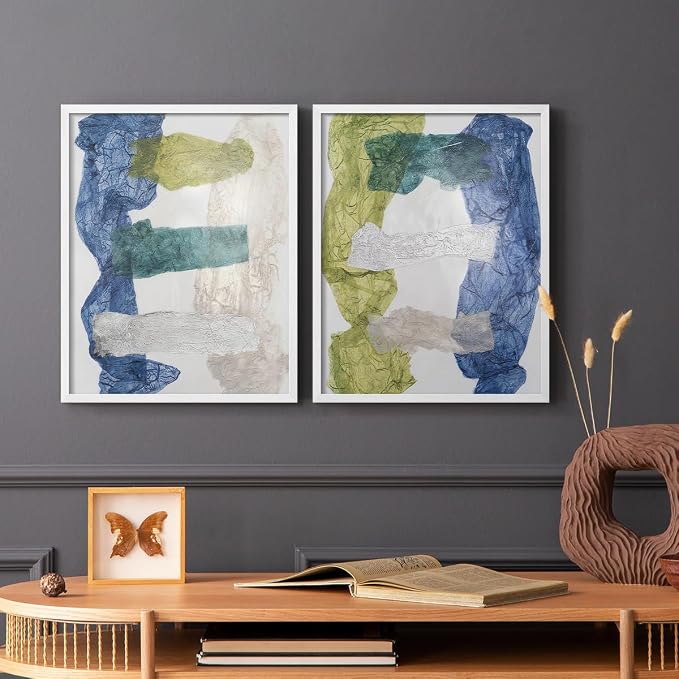 Renditions Gallery Set of 2 Peel & Stick Framed Prints, Elegant Abstract Wall Art, Dyed Cloth Texture Wall Decor, Re-Stickable - Ready to Hang - 16"x20" - White Frame LT588