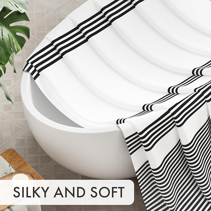 AmazerBath Shower Curtain, Striped Black Fabric Shower Curtain Set with 12 Shower Curtain Hooks, Rustic Cloth Black and White Curtain, Farmhouse Bathroom Shower Curtain Sets, 72x84 Inches