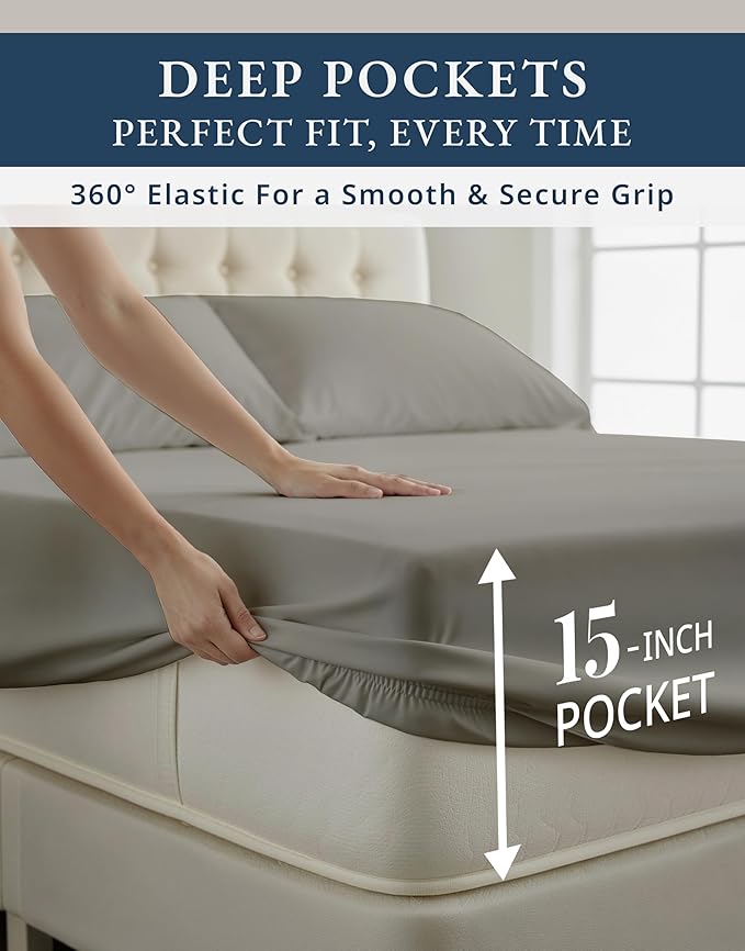 100% Egyptian Cotton King Sheet Set – Naturally Cooling & Breathable Sateen 4 Piece King Sheets, Authentic Long-Staple Cotton for Lasting Softness, Snug Fit 15" Deep Pocket Fitted - Charcoal
