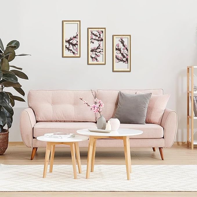IARTTOP Cherry Blossom Wall Art Framed Set of 3 Pink Flower Wood Wall Decor Japanese Sakura Tree Artwork Neutral Botanical Art Prints Floral Minimalist Decor for Farmhouse Living Room Bedroom 8 x16 Inch