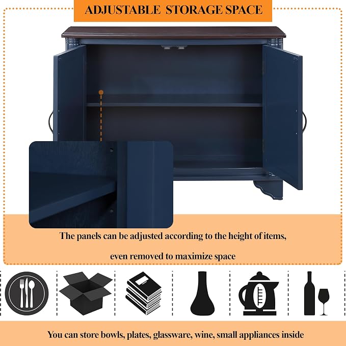 40" Retro Sideboard Storage Cabinet with 2 Doors, Wooden Console Table with Adjustable Storage Shelf, Sofa Table for Hallway, Entry Way, Living Room, Dining Room, Navy Blue and Brown