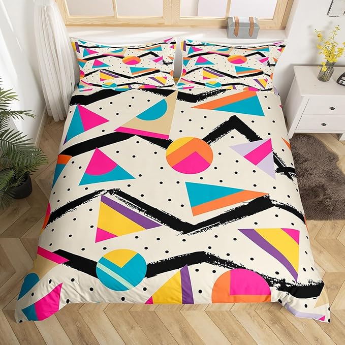 Memphis Duvet Cover Set Queen Size, Retro 80s or 90s Fashion Style Bedding Set for Kids Boys Girls, Geometric Triangle Circle Comforter Cover Soft Polyester Quilt Cover with 2 Pillowcases,No Comforter