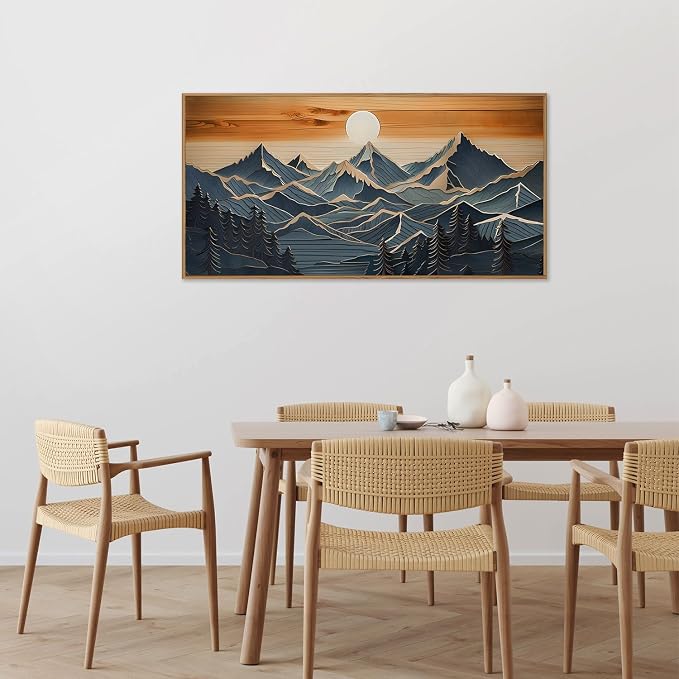 Tinonedraw Large Mountains Framed Canvas Wall Art, Boho Nature Woodcut Forest Art Prints, Mid Century Modern Wall Decor, Sunset Landscape Art Paintings for Living Room Bedroom Office 20"x40"