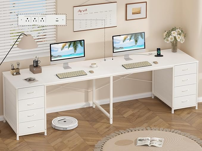 YOMILUVE 95'' Two Person Desk with 8 Drawers, Long Computer Desk with Charging Station, 2 Person Desks Double Desk Writing Study Table for Home Office, White