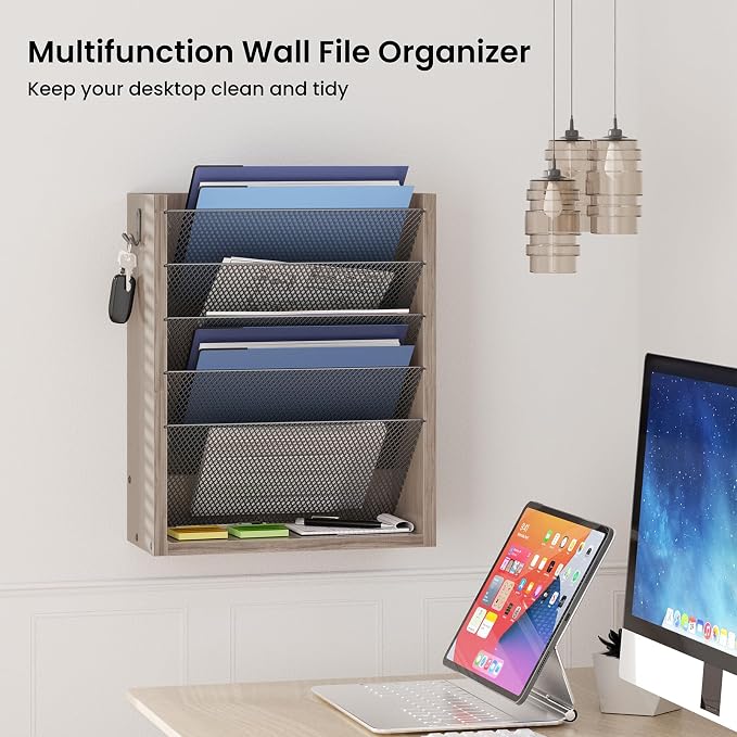 Creso hom Mail Organizer Wall Mounted, 6-Tier Wall File Organizer with 2 Hooks, Wooden Desk Organizer Magazine Holder with Bottom Flat Tray, for Office Home, Greige