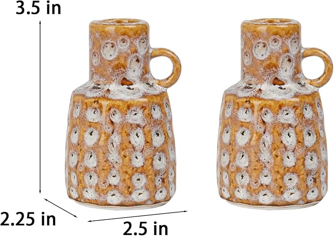 Ceramic Taper Candle Holder Decoration - Set of 2 Candlesticks with Handle Boho Style Candle Burning Display Holder for Coffee Table Centrepiece Living Room Farmhouse Vintage Tabletop Decor Cynkeyee
