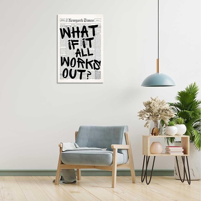 Drimiler Retro Black And White Newspaper Poster What If It All Works Out Canvas Wall Art Positive Affirming Quote Minimalist Prints Painting For Home Bedroom Dorm Wall Decor 8x12in Wframed
