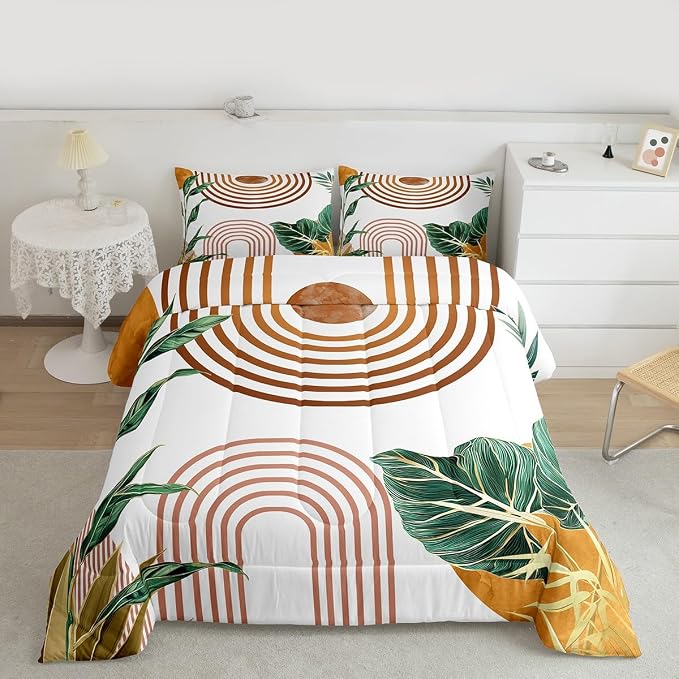 Erosebridal Mid Century Boho Bedding Set Twin Simple Retro Tropical Palm Leaf Comforter Set Orange Pink Sun Arch Minimalist Down Comforter for Teenager Geometric Abstract Line Bed Set Bedroom Decor