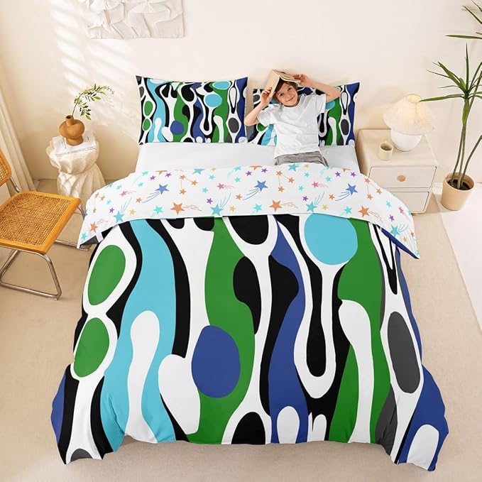 Erosebridal Mid Century Modern Abstract Duvet Cover Set Vintage Geometric Full Size Bedding Sets for Teenage Boys Contemporary Organic Shapes Comforter Cover Squiggle Blob Bed Set,Blue Turquoise