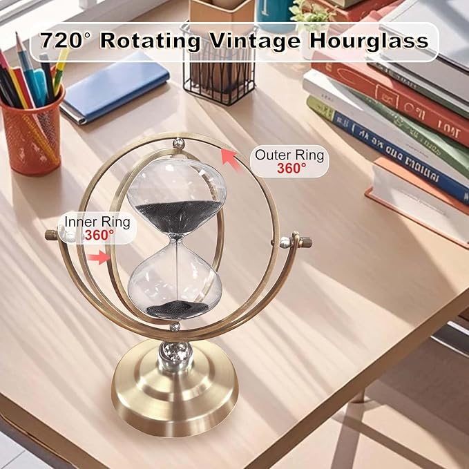 Brass Hourglass 30 Minute, 720° Rotating Vintage Metal Sand Timer, Large Black Sand Watch 30 Min, Unique Half Hour Glass Sand Clock for Gifts, Wedding, Home, Desk, Office Decoration