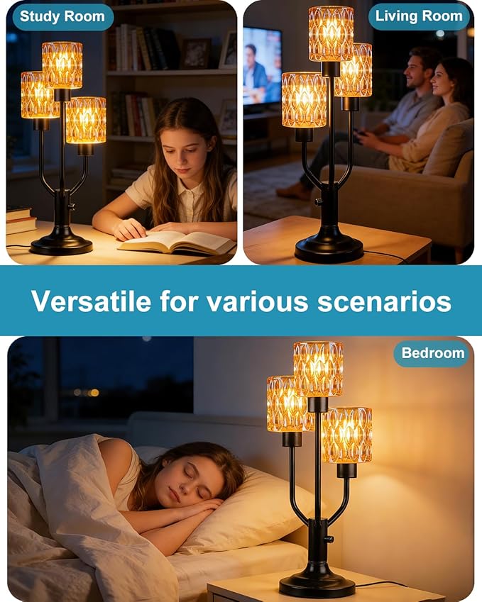 Lightdot Mid Century Modern Table Lamp for Bedroom Dimmable Nightstand Lamp Vintage Black Desk Lamp Amber Glass 3 Bulbs Included Warmwhite Ambient Bedside Lamps for Living Room Home Office Decor Gift