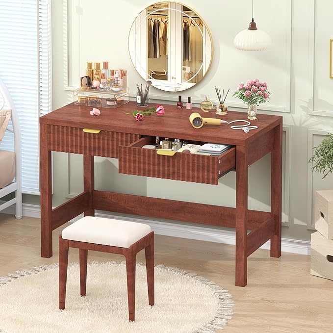 YOMILUVE Fluted Computer Desk with 2 Drawers, 39 Inch Small Computer Desk with Storage, Compact Writing Study Desk for Small Spaces, Red Walnut