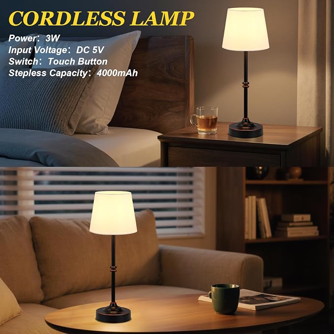 Kakanuo Rechargeable Cordless Table Lamp Antique Black - 2 Pack 4000mAh Battery Operated Lamp, 3000K Warm Light, Touch Control Stepless Dimming, for Bedside, Dining Table, Home Decor