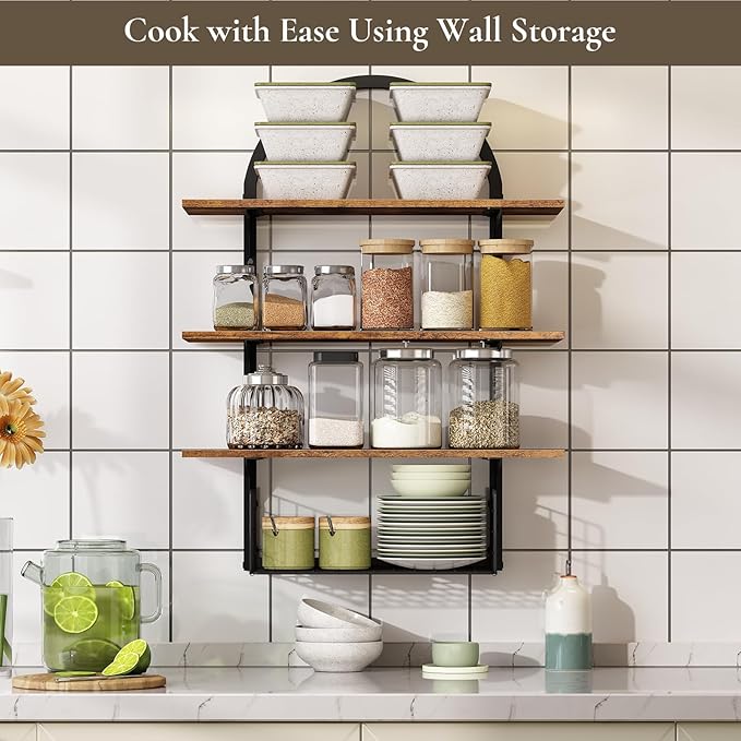 3 Tier Floating Shelf with Storage Baskets, Wall Mounted Bathroom Shelves Over Toilet, Wood Wall Shelves for Kitchen, Bedroom, Living Room, Home Organization and Decor, Rustic Brown