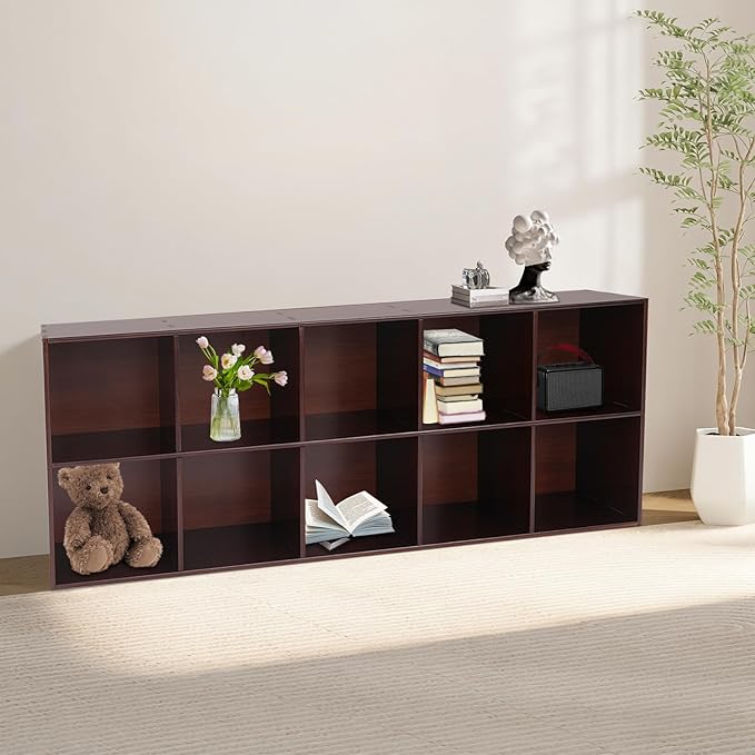 10 Cube Storage Organizer, Solid Wood Bookshelf, Vertical Or Horizontal Bookcase Horizontal Bookshelf, Bookcase for Bedroom, Living Room, Office (Walnut, 10-Cube, 2)