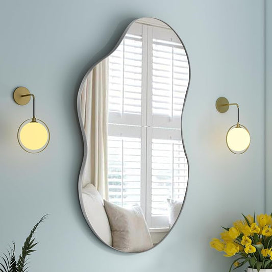 SHYFOY Decorative Wall Mirror Irregular, 36"x20" Silver Asymmetrical Mirror with Metal Frame for Wall Decor Bathroom Livi Curvy Abstract Wall Decor,