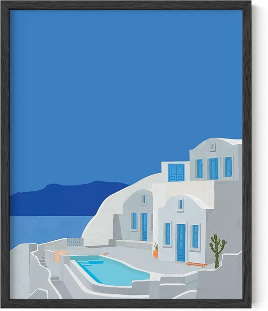 HAUS AND HUES Greece Travel Poster - European Scenic City Print, Mediterranean Artwork (Black Frame, 16x20)