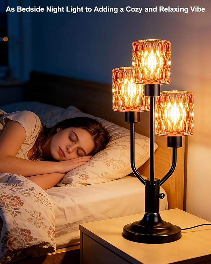 Lightdot Mid Century Modern Table Lamp Dimmable Nightstand Lamp Red Glass Vintage Black Desk Lamp 3 Bulbs Included Warmwhite Ambient Bedside Lamps for Living Room Bedroom Girls Room Home Office Decor