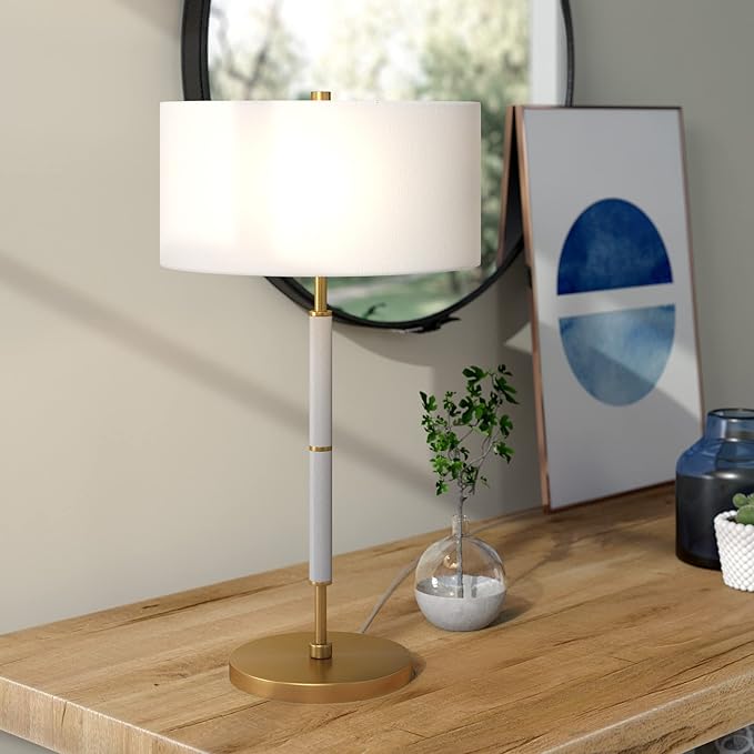 Henn&Hart 25" Tall 2-Light Table Lamp with Fabric Shade in Gray/Brass/White, Lamp, Desk Lamp for Home or Office