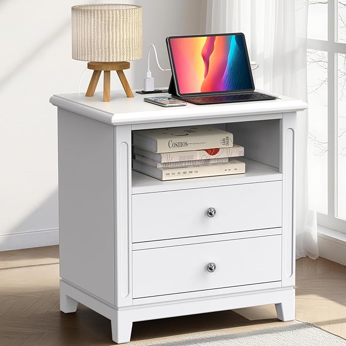 24" Wide Farmhouse Nightstand with Charging Station, Solid Wood End Table with 2 Large Drawers & Open Shelf, Bedside Table with USB Ports and Outlets, Side End Table for Bedroom