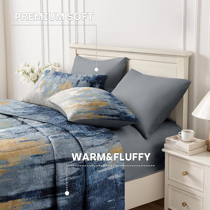 Nesker 5 Pcs Comforter Set Twin Size, Abstract Oil Painting Bedding Set for Kids and Adults, Navy Blue Gray Gold White Bed Sheet Sets with Fitted Sheet Pillowcase & Sham