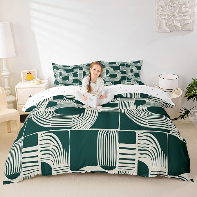 Mid Century Abstract Queen Comforter Cover For Teens Bohemian Geometric Duvet Cover Modern Aesthetics Striped Bedding Set For Kids Boys Adult Women Boho Minimalist Stripes Bed Sets With 2 Pillow Cases