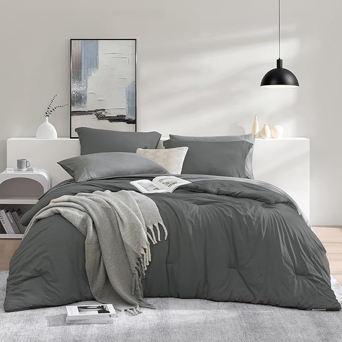 WRENSONGE King Size Comforter Set- 7 Pieces Soft Grey Bed in a Bag with Fitted Sheet, Flat Sheet, 2 Pillow Shams, and 2 Pillowcases- Warm Bedding Set for All Season