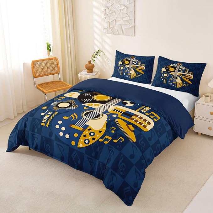 Erosebridal Retro Music Duvet Cover Queen for Boys Men - Abstract Instruments Guitar Bedding Set Vinyl Record Rock Roll Comforter Cover,Checkered Musical Notes Bed Set