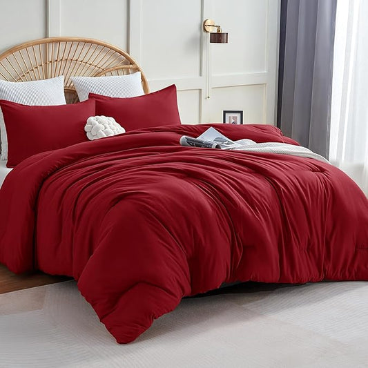 CozyLux California King Comforter Set Dark Red, 3 Pieces Cal King Lightweight Down Alternative Quilted Bedding Sets, All Season Breathable Solid Comforter with 2 Pillowcases, Bed Set Gift for Home
