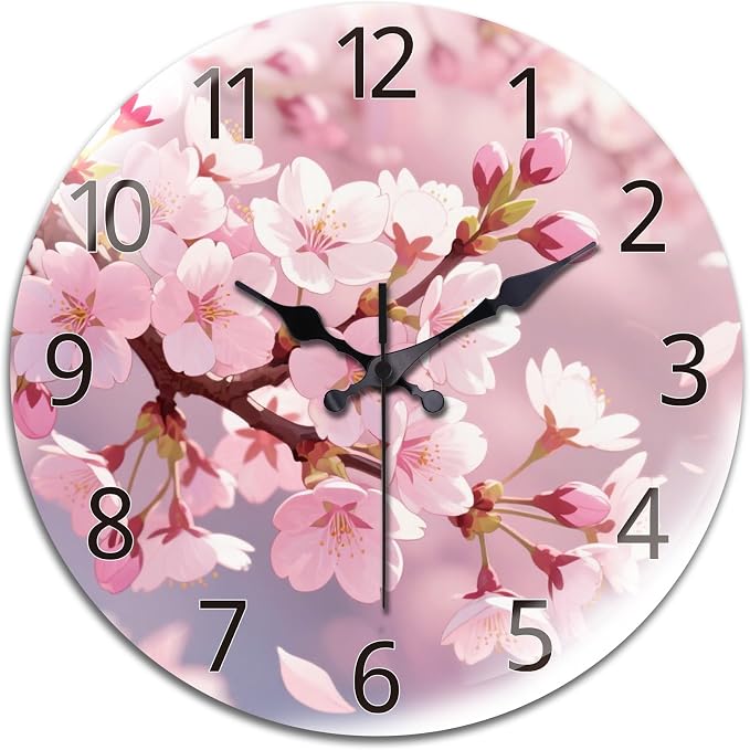 peacoblue Wall Clocks Battery Operated 12 Inch Cherry Blossom Glass Round Wall Clock Non Ticking for Kitchen Living Room Dining Room Bedroom and Bathroom Decor Accessories (Battery not Included)