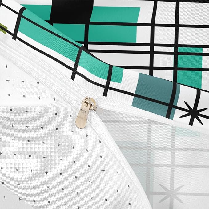 Erosebridal Retro Atomic Duvet Cover Full White Turqoise Black Bedding Set, Geometric Lines Stripes Comforter Cover Mid Century Minimalist Bed Set, Fifties Old Fashion Bedding Microfiber 3pcs