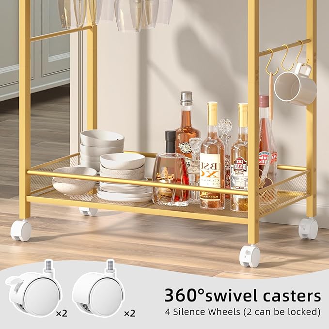 Bar Cart, Home Bar Serving Cart with 2-Tier Shelf,Rolling Beverage Cart with Wheels,Mobile Kitchen Shelf,Modern Wine Drink Cart with Wine Rack and Glass Holder for Kitchen,Dinning Room,Gold