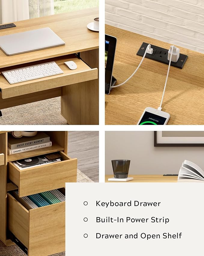 Farmhouse Computer Desk with File Drawer, 47" Executive Desk with Charging Station and Open Storage Compartment Wood Home Office Desk for Writing Study Working, Matural Oak