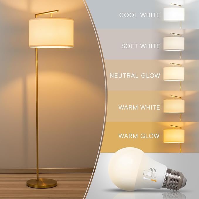 Brightech Montage Modern Floor Lamp - LED Standing Lamp with White Shade and Adjustable Color for Living Rooms & Offices - Tall Corner Bedroom Reading Light for Contemporary Home Decor - Antique Brass