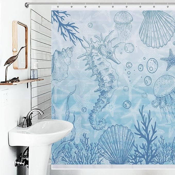 Sea Turtle Shower Curtains,Coastal Nautical Beach Theme Blue Tropical Beachy Under The Sea Animal Bathroom Set Accessories Decor with Hooks,72x78Inch