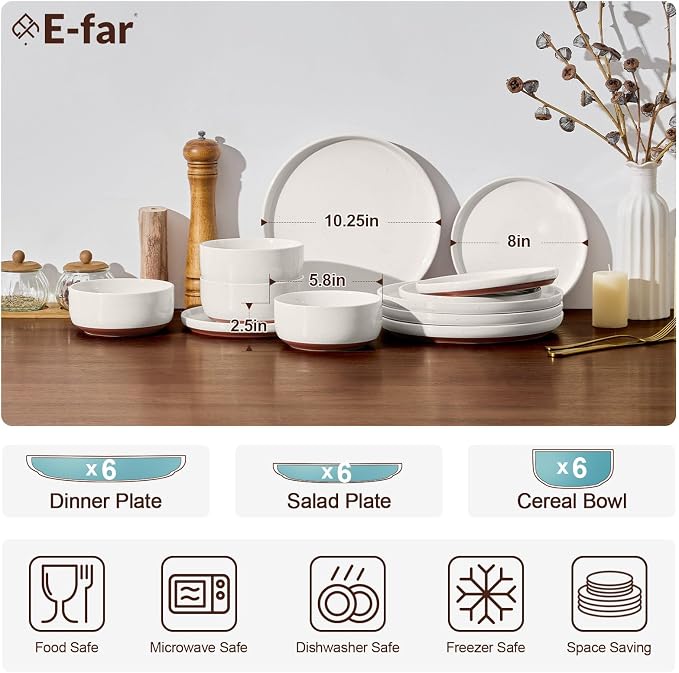 E-far 18-Piece Stoneware Dinnerware Sets, Plates and Bowls Sets for 6, Ceramic Dishware Dishes Set with Terracotta Base, Chip & Scratch Resistant, Microwave & Dishwasher Safe, Speckled White