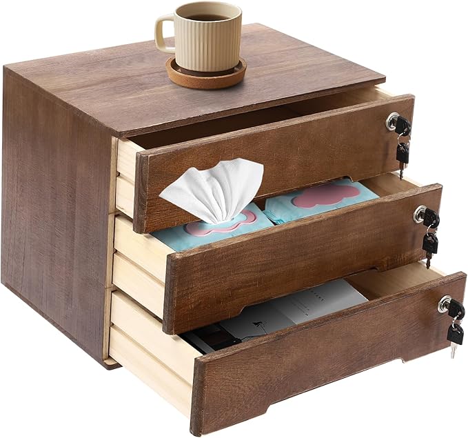 Desktop File Organizer with Lock, 2/3/4 Tier Multi-Drawer Wooden Storage Cabinet, Office Supply Organizer for Home Desk, Study & Workplace (Walnut, 3 Layers)