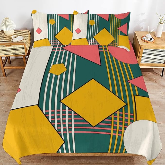 Colorful Aesthetic Comforter Cover Geometry Bed Set, Retro Atomic Duvet Cover，Modern Mid Century Bedding Sets，Aesthetic Abstract Art Bedding 3 Piece (1 Duvet Cover 102"x90" + 2 Pillow Sham 20"x30")
