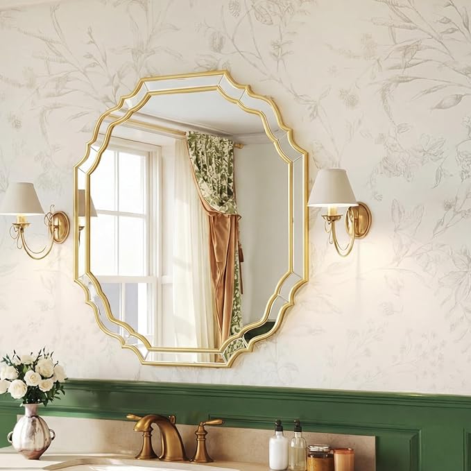 Round Mirrors for Wall Decor,Gold Scalloped Mirror 28 inch, Vintage Wall Mirror for Bedroom, Living Room,Entryway,Bathroom
