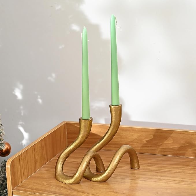 Gold Cast Iron Taper Candle Holder, Candlestick Holder Decorative, Gift Tapered Candle Holders for Home Decoration, Bedroom, Dinning, Mantel, Kitchen, Party, Set of 2