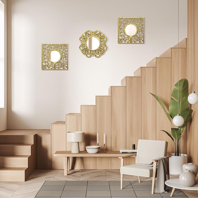Fourluoo 3 Pack Gold Sunburst Mirrors for Wall Decor Circle Flowers Mirrors Decorative Gold Hanging Wall Art Flowers Mirror for Home Living Dinning Room Bedroom Bathroom Boho Decoration Art(Vintage)
